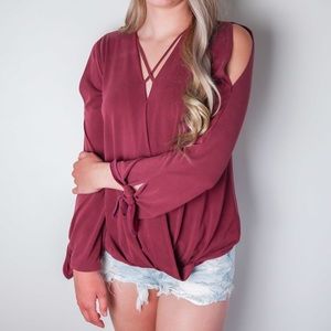 Strappy Detail Long Sleeve Open Shoulder Blouse
